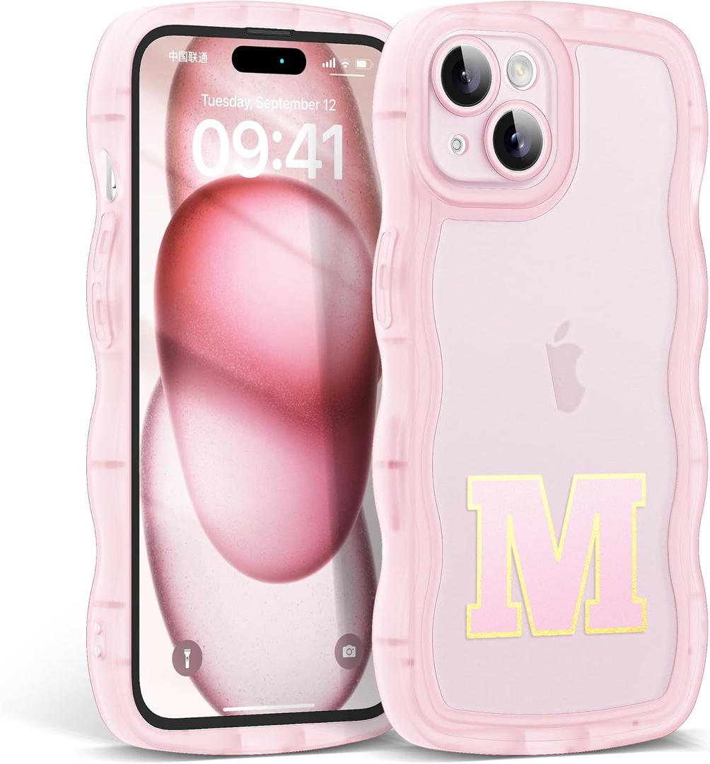 Designed for iPhone 13 Case with Personalized Initials,Cute Curly Wave Frame Shape Shockproof Soft TPU Anti-Slip Protective Phone Case Cover for Women/Girls 6.1"-Letter M(Clear/Pink)