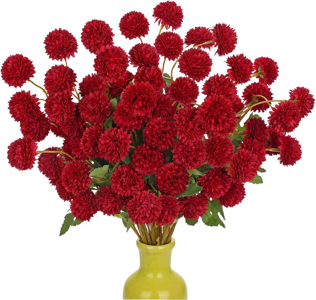 Briful 12pcs Artificial Kiku Mums Flowers  Realistic Silk Pom Pom Faux Chrysanthemums for Home Dcor, Wedding Centerpieces, Vase Arrangement, Fall & Spring DIY Decorations, Red (1.96'' Dia. Blossom, 1.96'' Dia. Burgundy)
