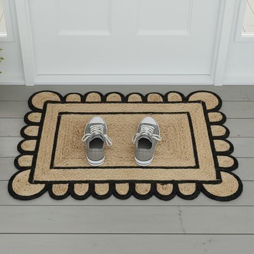 Braided Scalloped Jute Rug Natural with Black Trim, Handmade Farmhouse Boho Area Rug for Entryway, Kitchen, Hallway, Living Room, Bedroom, Rustic Woven Floor Rug - (Black- 2X3 ft)
