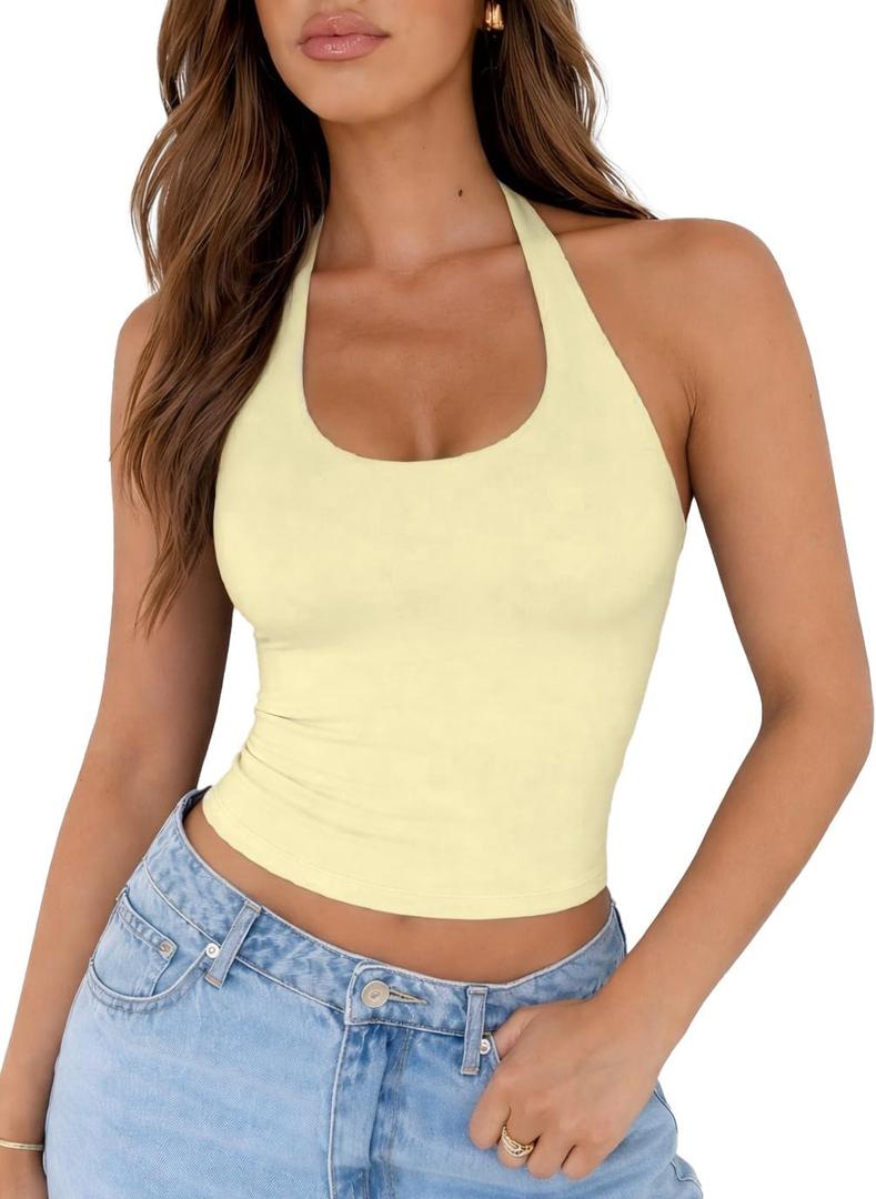 ForeFair Women Sexy Halter Neck Backless Going Out Tops Open Back Sleeveless Slim Fit Y2k Summer Tops (Yellow, L)