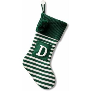 20 Inches Initial Monogram Embroidered Christmas Stocking Striped knitted Christmas Decorations Stocking Red, White, Green Letter Stockings for Family Holiday and Xmas Tree Fireplace Decor-50-D-Green