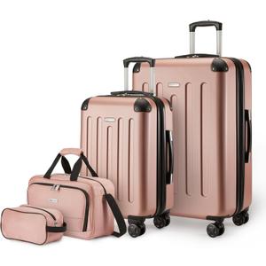 Amazon Basics 4-Piece Luggage Set, Hardside Spinner Suitcases with Multidirectional Wheels (22" Carry-On and 28" Checked), Plus 15-inch Tote Bag and 10-inch Compact Travel Bag, Rose Gold