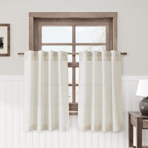 Nanspring Linen Cafe Curtains 30 Inch Length Light Filtering Semi Sheer Mini Curtains for Small Window Basement Bathroom Natural Back Tab Rod Pocket Pleated Short Sheer Kitchen Curtain 30x30 Cream
