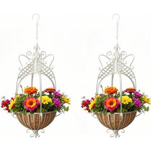 2 Pack Large Hanging Planter for Outdoor Indoor Plants, 12.6-Inch Rustic Metal Hanging Basket for Farmhouse, Patio,Porch,Deck, or Garden - White