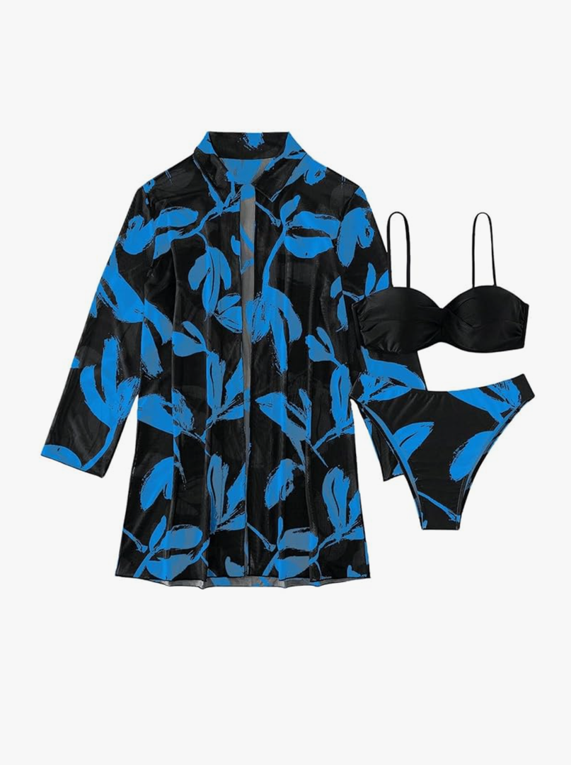 SweatyRocks Women's 3 Piece Floral Bikini Set Push Up Twist High Cut Swimsuit with Sheer Kimono Cover Up
, Size -L