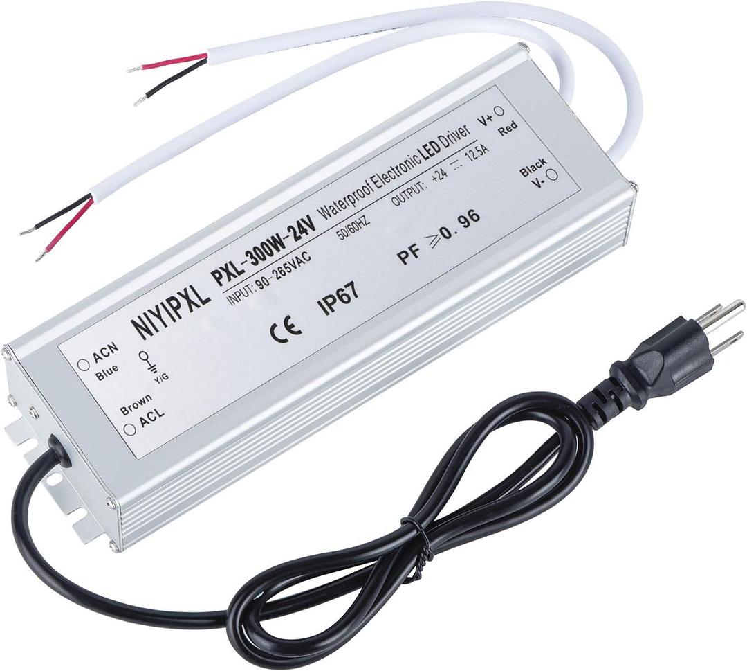 LED Driver 300 Watts(150W X2) 24V DC Transformer Waterproof IP67 Power Supply, 24V DC Low Voltage Output Adapter with 3-Prong Plug 3.3 Feet Cable for LED Light, Computer Project, Outdoor Light