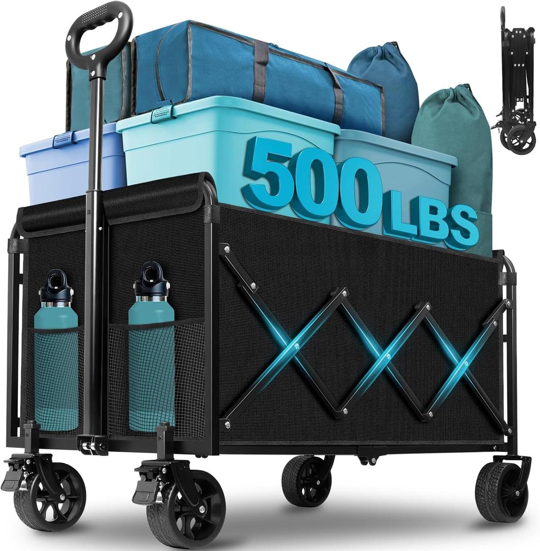 Collapsible Wagon Cart with Wheels Foldable: 500LBS Heavy Duty Folding Utility Wagon - Portable All Terrain Grocery Wagon Cart for Groceries Shopping Outdoor Camping Sports (Black-500Lbs)