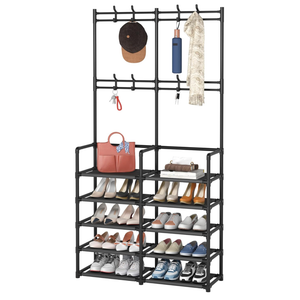 Laiensia 5Tier Entryway Coat Rack, Coat and Shoe Rack, Entryway Bench Storage Organizer with 8 Hooks for Bedroom, Hallway, Office, Black