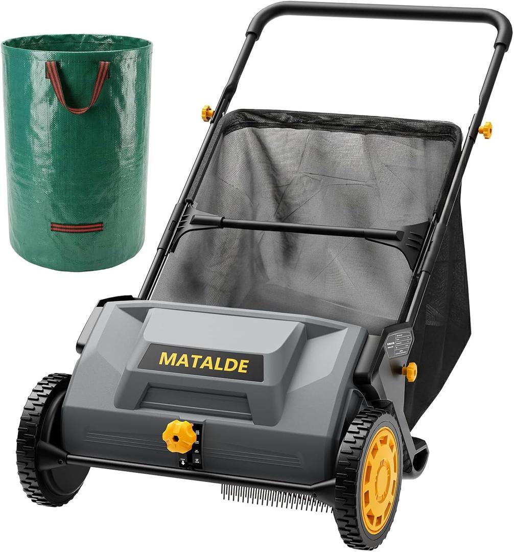 21" Push Lawn Sweeper with 103L Mesh Collection Hopper Bag,200L Leaf Bag, 4 Adjustable Height Spinning Brushes Quick Cleaning for Leaves and Grass, Grey