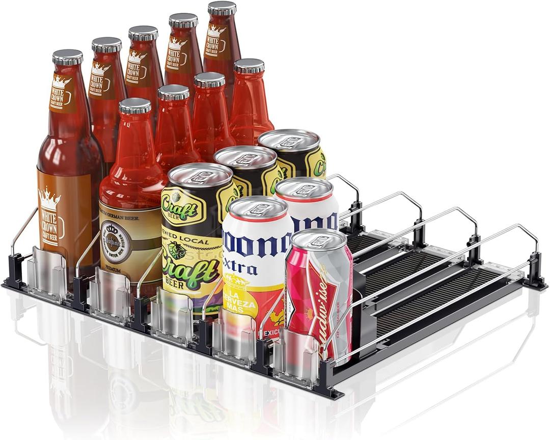 Drink Organizer for Fridge,12oz 16oz 20oz - Soda Can Dispenser for Refrigerator, Width Adjustable, Automatic Pusher Glide (Black, 15"D 5ROW, Holds 25 Cans)