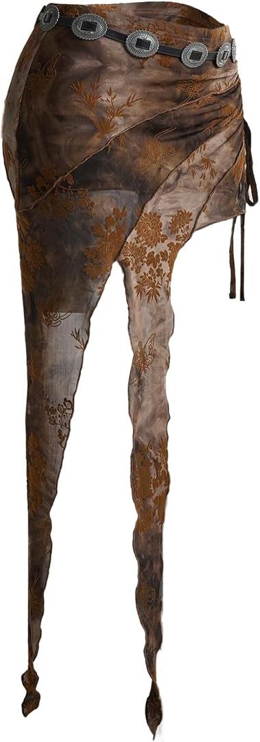 Verdusa Women's Western Skirt Boho Asymmetrical Skirts Cowgirls Mesh Vintage Floral Embroidery Drawstring Mini Shorts (Brown, M)