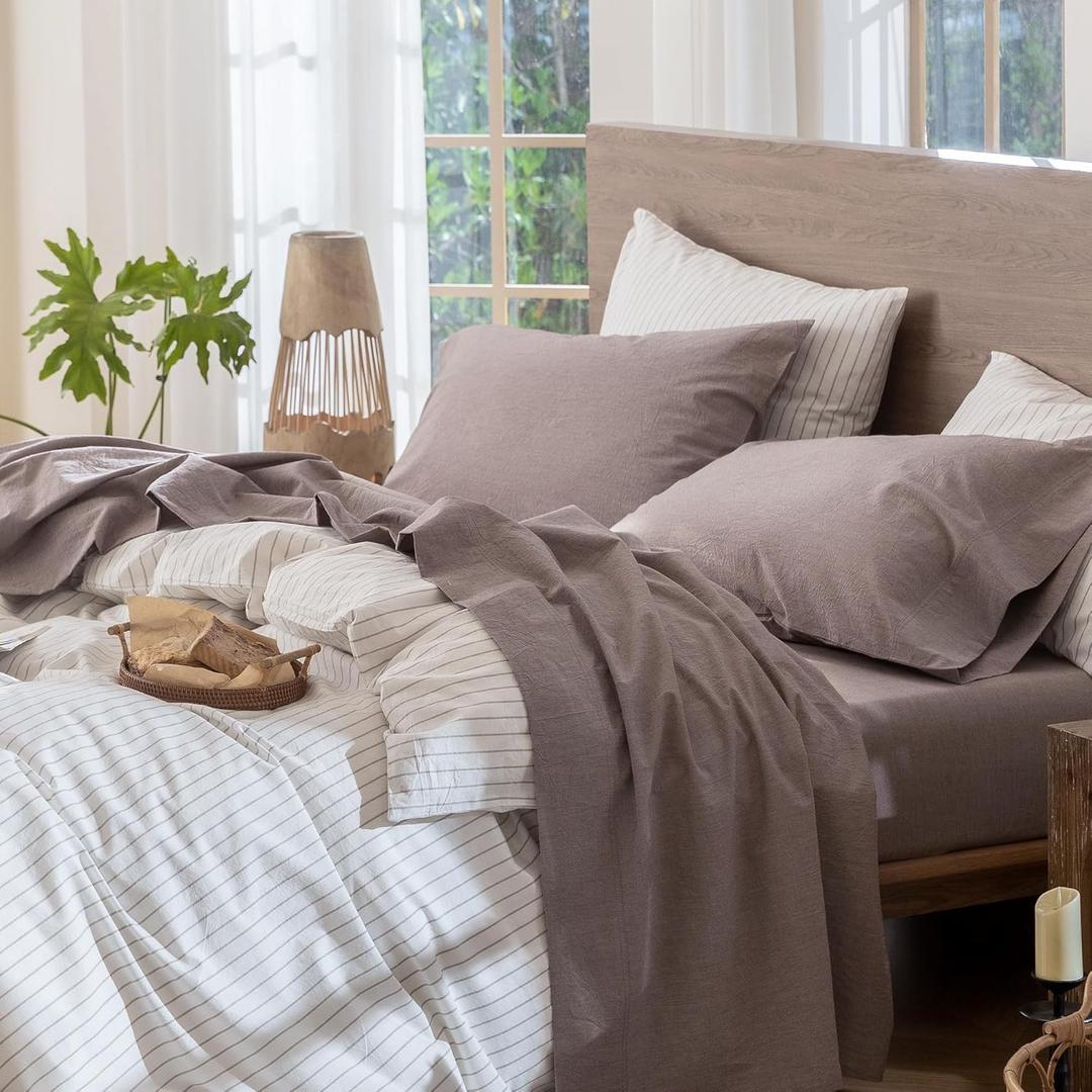 MooMee Bedding Sheet Set 100% Washed Cotton Linen Like Textured Breathable Durable Soft Comfy (Heathered Mauve Brown, King)