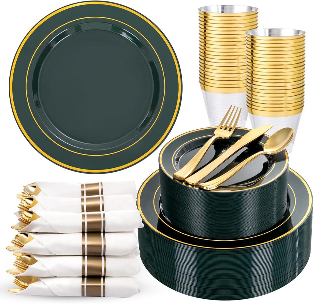 WDF Partyware 350PCS Green and Gold Plates - Green Plastic Plates 50Guests Plastic Plate with Rolled Napkins for Party/Birthday/St. Patrick's Day