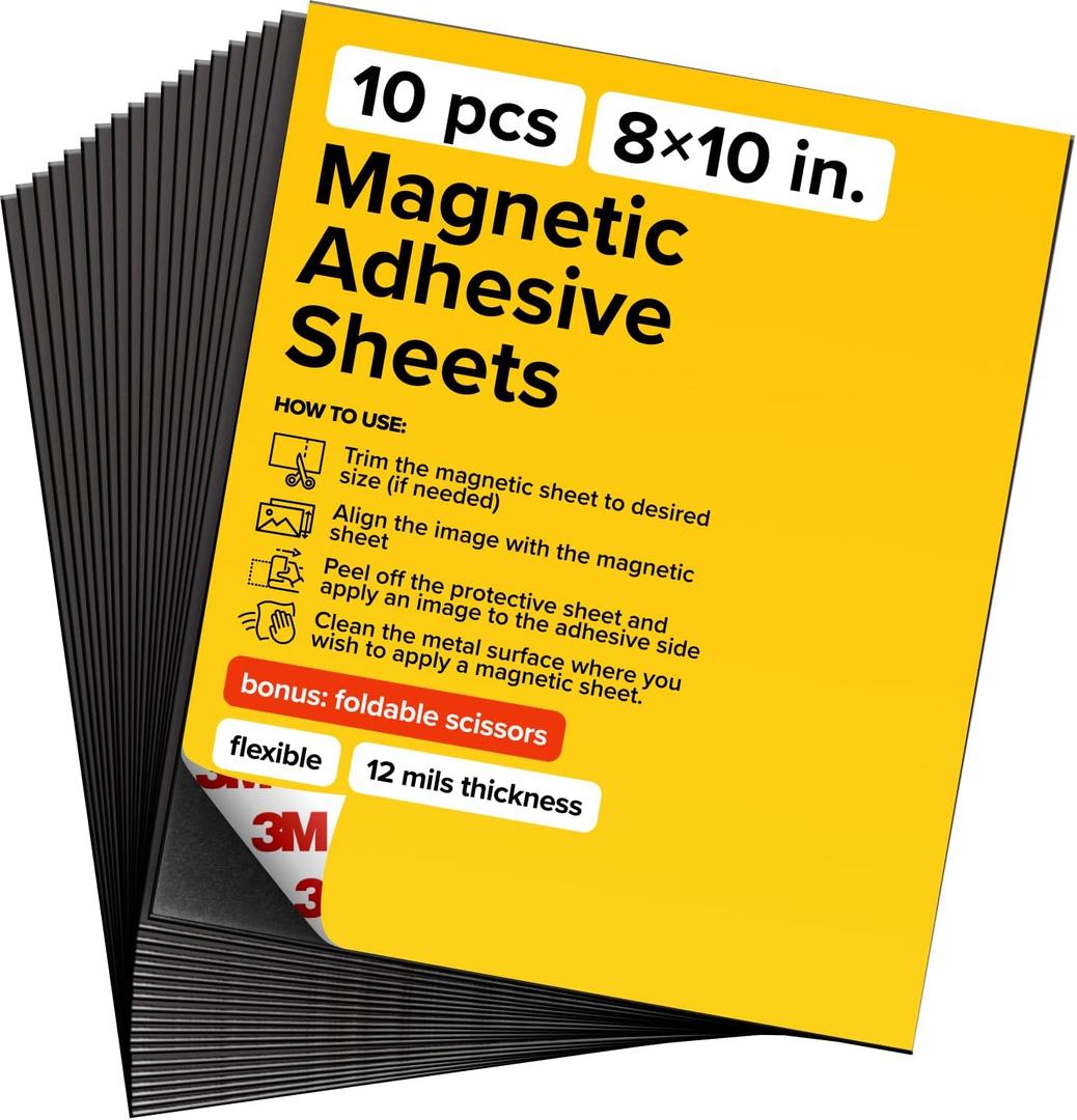DIY Craft Magnetic Sheets with adhesive backing - 8x10" 10 pack Adhesive Sheets for Magnetic Stickers and Photos - 100% Customizable (8x10" 12 mils)