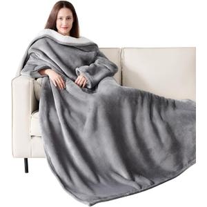 Wearable Blanket with Sleeves, Cozy Wearable Blanket with Arms and Pockets for Women Men, Warm TV Wrap Throw Blanket Robe as Gifts for Mom Wife, Grey