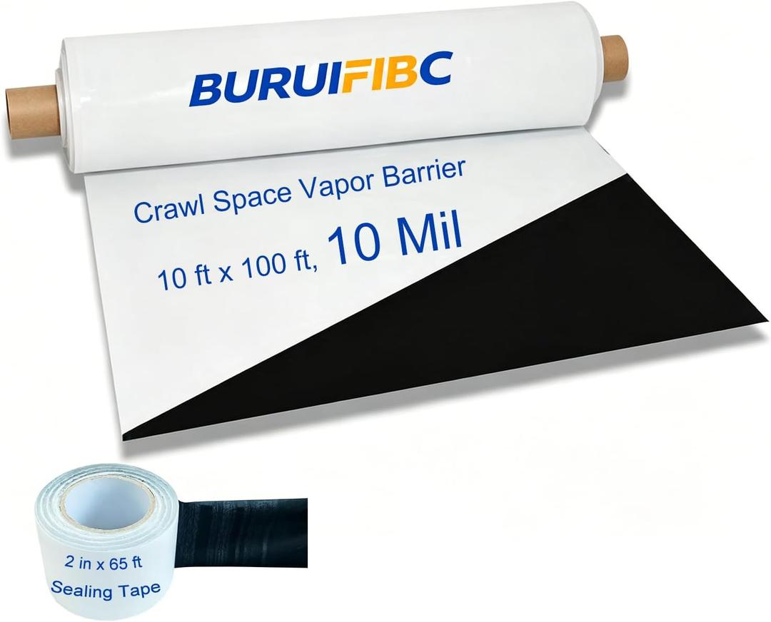 10 Mil Crawl Space Vapor Barrier 10 ft x 100 ft (1000 sq.ft) with 2 in x 65 ft Sealing Tape, Black & White Plastic Sheeting for Crawlspace Encapsulation, Heavy Duty Moisture Barrier for Ground Cover