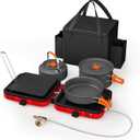 Hisencn Camping Stove,2 Burner Propane Stove,20000 BTU/h Camping Cooking set Includes Frying Pan,Kettle and Pot,Adjustable Burners & Piezo Ignition,Portable stove for camping Outdoor,Red