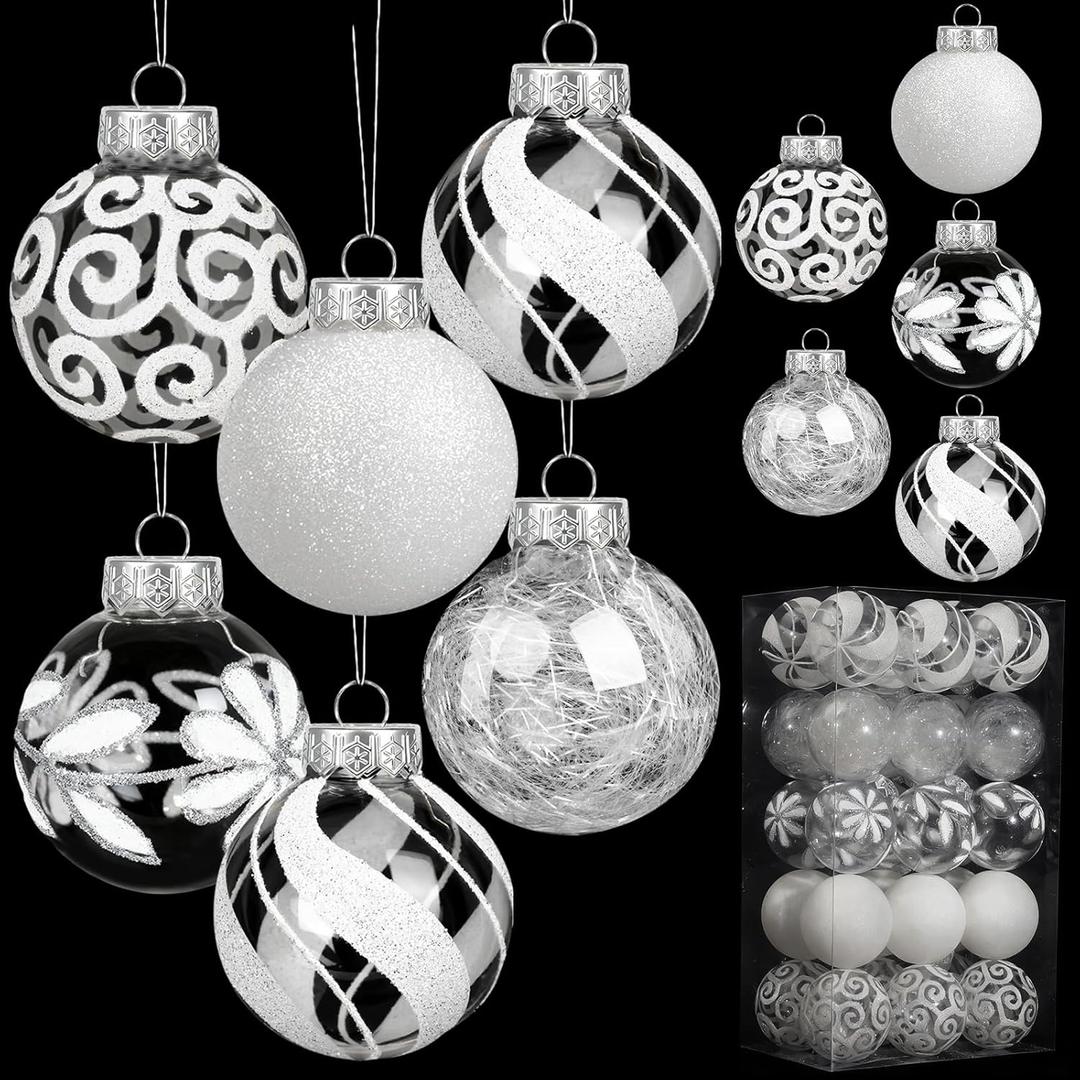 30 Pcs Clear Christmas Ball Ornaments, 60mm/2.36" White Christmas Ornaments Balls for Xmas Tree, Large Shatterproof Plastic Hanging Tree Decorations Set for Party Holiday Winter Home Decor