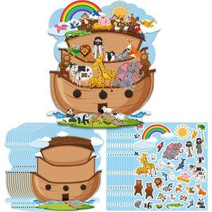 Haooryx Easter Noahs Ark Stickers - 12 Sets Make Your Own Noahs Ark Animal Scene Decoractive Stickers Self-Adhesive Waterproof Vinyl Page Activity Pad Easter Birthday Holiday Party Favor DIY Event