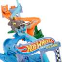 Hot Wheels Toy Car Track Set, RacerVerse Jurassic World Crash & Splash Playset with Die-Cast Velociraptor Vehicle, Dinosaur Race with Spinosaurus