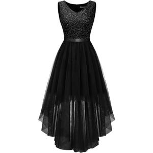 BeryLove Cocktail Formal Dresses 2025 Wedding Guest Party Prom Sleeveless Lace High Low Christmas Dress (XX-Large, Tulle Sequin Black)