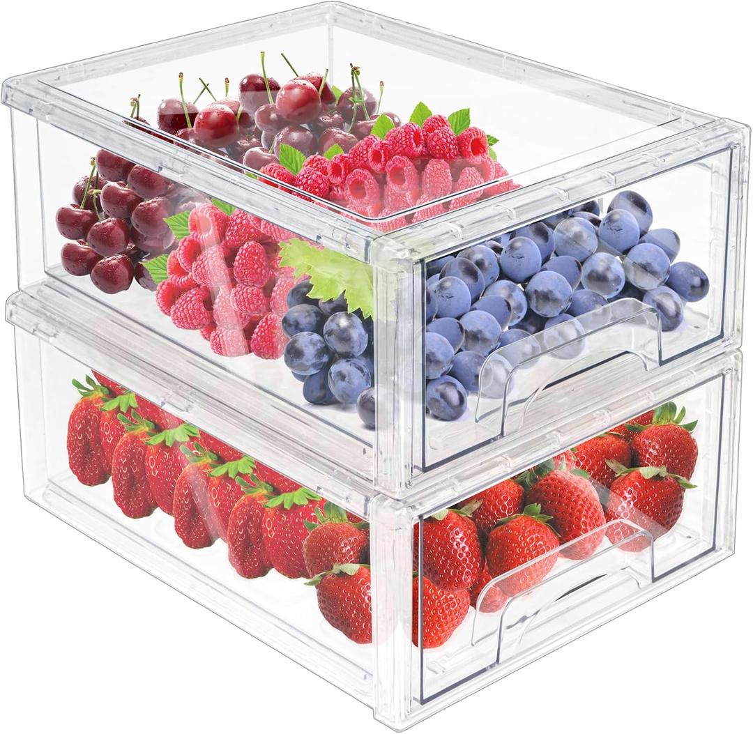 MANO 2Pack Clear Fridge Drawers Pull Out Stackable Refrigerator Drawer Organizer Bins Pantry Storage Box Plastic Food Containers for Kitchen Bathroom Office Closet (Large) (2L)