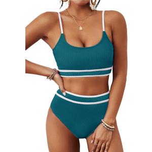 BMJL Women's High Waisted Bikini Ribbed Two Piece Swimsuit High Cut Color Block Adjustable Straps Bathing Suit(L, Dark Green Blue)