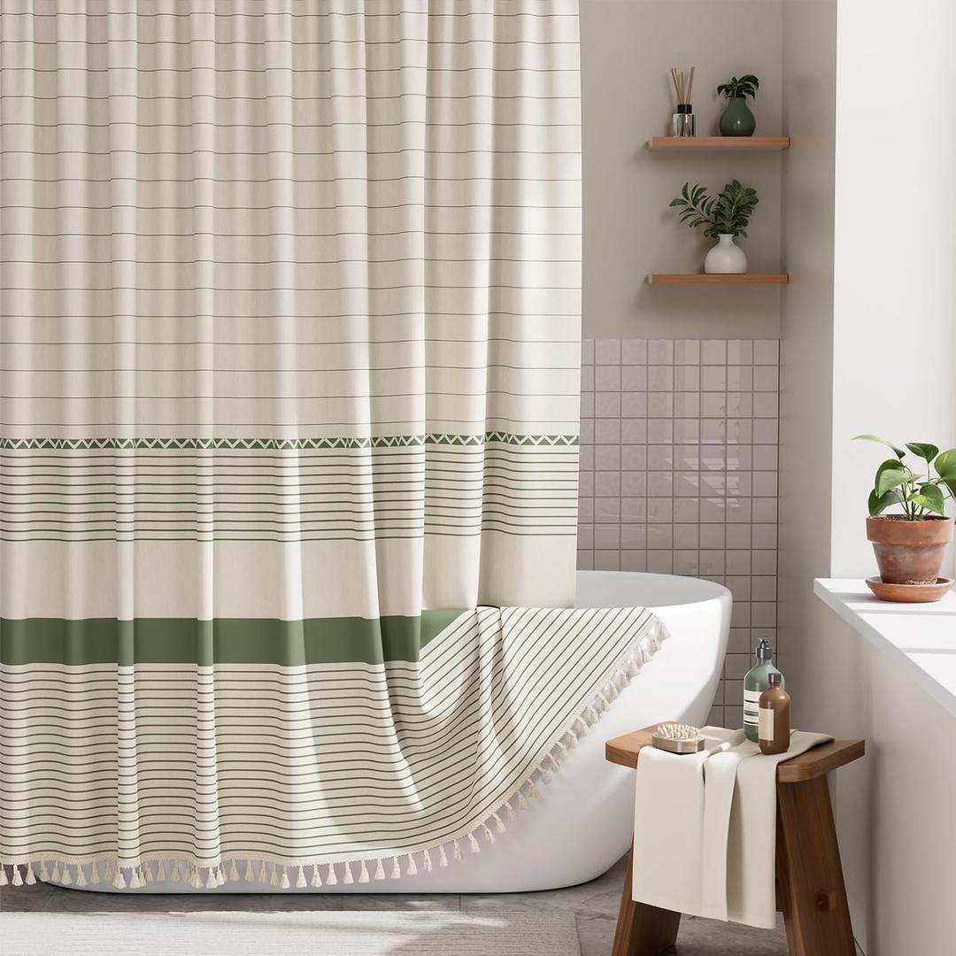 AmazerBath Boho Shower Curtain, Modern Farmhouse Shower Curtain Set with Tassels, Rustic Faux Linen Green Striped Shower Curtain with Hooks, Light Tan Toned, 72x72 Inches,  Stripe Sage Green