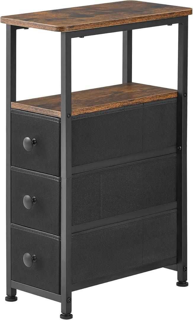 End Table, Narrow Side Table with 3 Fabric Drawers, Slim Nightstand, Small Bedside Table with Storage, Living Room, Bedroom, Rustic Brown HKET1300BR