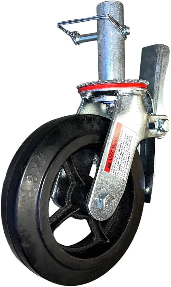 Scaffold Caster 8" x 2" Black Rubber Cast Iron Wheels w/Locking Brakes 1-3/8" Stem 500 lbs. Capacity (Pack of 3)