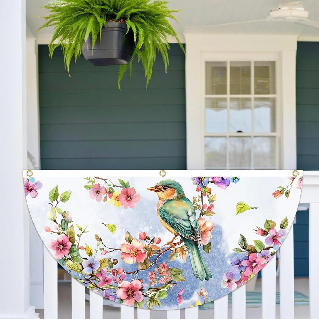 Bird Theme Pleated Fan Flags, Floral Bird Bunting Fan Flag Decoration with Metal Grommet 6 x 3 Ft, Animal Half Fan Flag Banner for Indoor Outdoor House Garden Patio Holiday Yard Decorations
