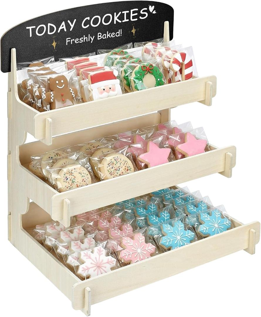 Wooden Cookie Display Stand with Chalkboard Sign for Market Booths, Craft Fairs & Events 3- Tier Cookie Display for Bakers & Vendors to Show Cupcakes, Bread, Muffins & Pastries