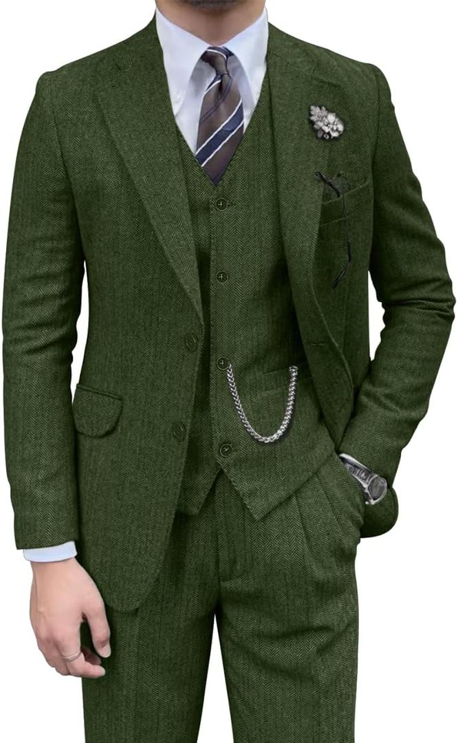 Retro Mens 3 Piece Suit Tweed Herringbone Slim Fit Suits Groomsmen Brown Tuxedos Set Prom Jacket Blazer Vest Pants for Men (Large, Green)