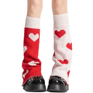Red Hearts Leg Warmers, Holiday Gift Knee High Socks, Cable Knit Winter Leg Sleeves for Women