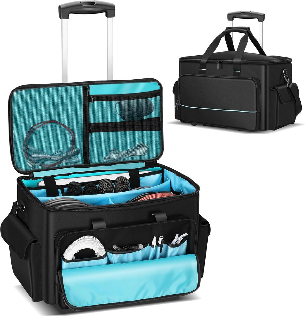 DJ Cable Bag, Rolling DJ Cable Bag with Detachable Trolley & Dividers | Large Capacity Gig Bag with Laptop Compartment, Professional Organizer Bag for Cables, Microphones, and DJ Equipment