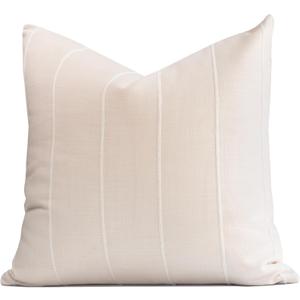 Crumbs Home Modern Farmhouse Fall Linen Indoor Outdoor Throw Pillow Cover Only, 22"x22" Water Repellent for Patio, Backyard, Couch, Antique Neutral Embroidered Stripes