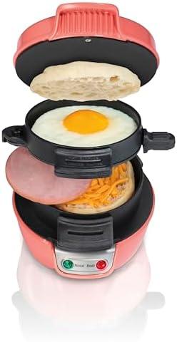 Hamilton Beach Breakfast Sandwich Maker with Egg Cooker Ring, Customize Ingredients, Perfect for English Muffins, Croissants, Mini Waffles, Perfect White Elephant Gifts, Coral (25483)