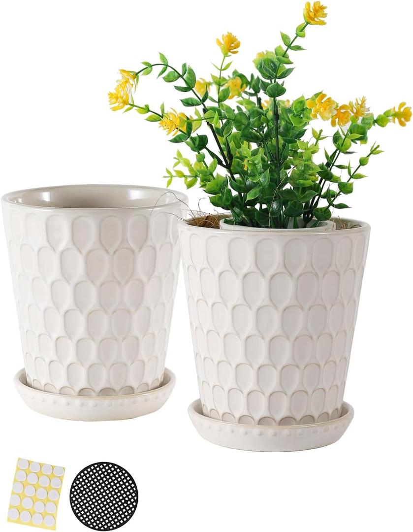 TAMAYKIM 5 Inch Ceramic Plant Pots with Drainage Holes, Modern Flower Planter with Saucer for Indoor Plants, Succulent, Cactus & Herbs, White, Set of 2 (Plants Not Included)