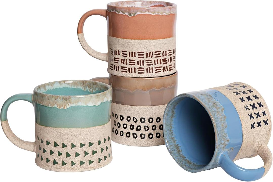 Bosmarlin Ceramic Coffee Mug Set of 4, 19 Oz, Coffee Cups with Big Handle, Microwave Safe, Unique Reactive Glaze (Multicolor)