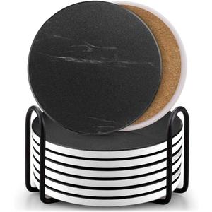 EAGMAK Set of 8 Coasters for Drinks, Marble Style Ceramic Drink Coaster with Holder for Coffee Wooden Table Home Decor(Black)