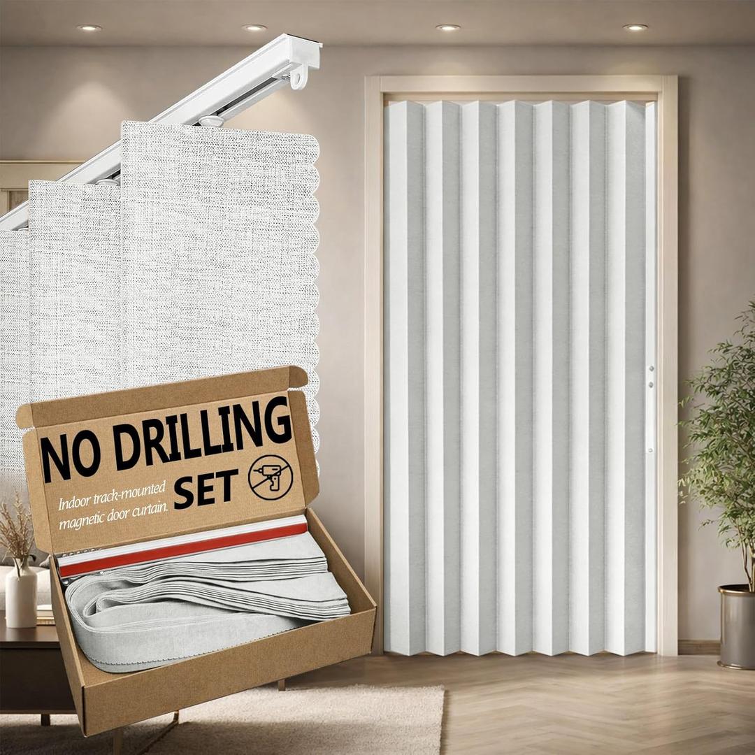 Accordian Door Curtain,Install Adhesive Track 100% Blackout Doorway Curtains, Suitable for Bedroom,Closet,Interior Room Divider,White 43" W78" L,1 Piece