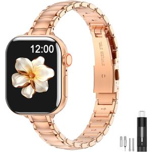 MioHHR Thin Metal Bands Compatible with Apple Watch Band Ultra3/2/1 Series 11 10 9 8 7 6 5 4 3 2 1 SE3/2/1,Slim Narrow Stainless Steel Strap for Women iWatch 49mm 46mm 45mm 44mm 42mm 41mm 40mm 38mm (Rose Gold)