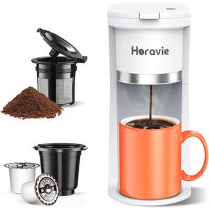 Small Single Serve Coffee Maker, Fast Brew One Cup Coffee Machine for K Cup and Grounds, 6 to 12 oz. Brew Sizes, Capsule Coffee Machine with Descaling Reminder and Viewing Tank, White (9.45 Inches)