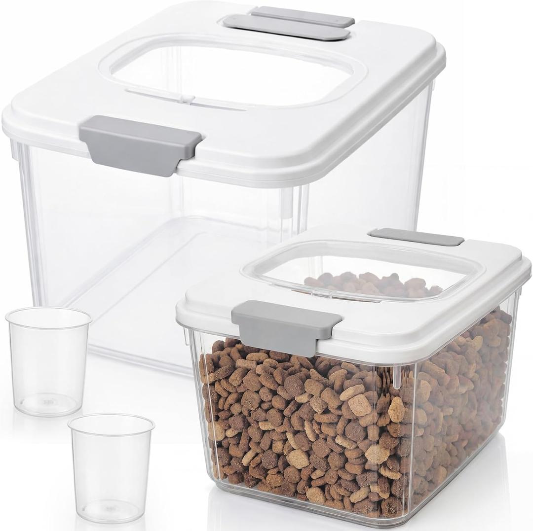 2 Pack Airtight Dog Food Storage Container Pet Dog Cat Food Storage Bin with Measuring and 2 Scoops for Rice Cat Bird Chicken Animal (10.5 x 8 x 6.5 Inches)