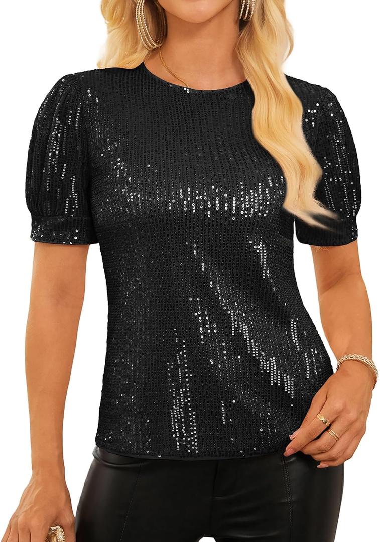 GRACE KARIN Womens Full Sequin Tops Sparkle Glitter Blouses Lantern Short Sleeve Shirts Dressy Party Concert Outfits (Medium, Black)