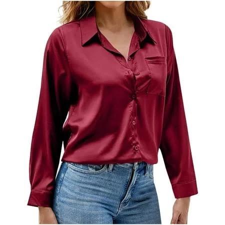 FLEX, Women Elegant Satin Blouses Shirts, Soft Silk Shirts Top, Satin Button Down Shirts, Office Long Sleeve Blouse Shirt, Size 2XL, Burgundy 