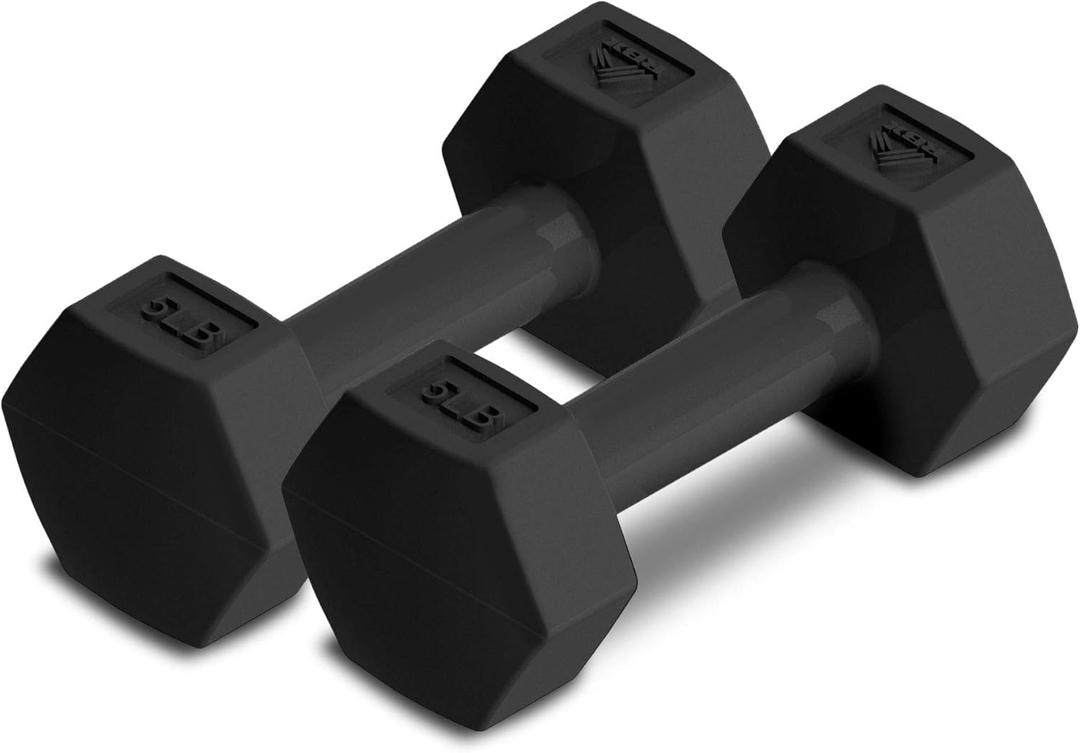 RBX Vinyl Coated Hand Weight Dumbbell Set - Hex Shaped, Roll Free for Body Building/Sculpting/Strength Training Exercise, (Set of 2) (5lb, Black)