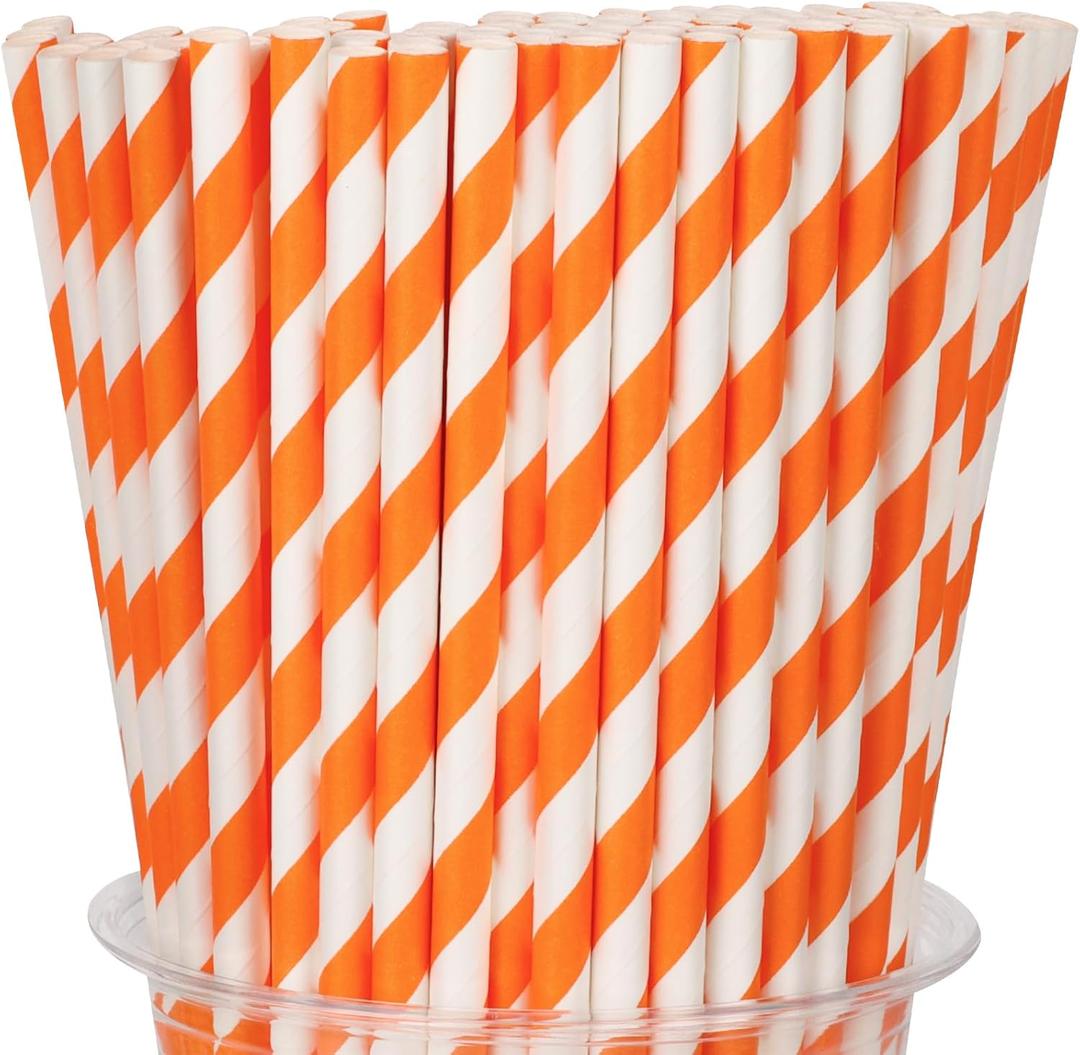 100 Packs Orange Biodegradable Striped Paper Straws, Disposable Drinking Straws for Birthday Carnival Summer Pool Party Wedding Baby Shower Halloween Christmas Party Decoration Supplies