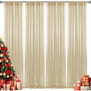 28FT-4PCS Champagne Sequin Backdrop Curtains Panels, Photography Backdrop Glitter Curtains Fabric Background for Christmas Wedding Party Decor