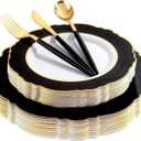 WDF 30Guest Black and Gold Plastic Plates - New Year Plates - Gold Plastic Silverware With Black Handle Baroque Black and Gold Disposable Dinnerware for Graduation Wedding Party Birthday (10.5 inch)
